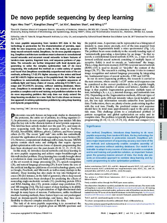 (PDF) De novo peptide sequencing by deep learning