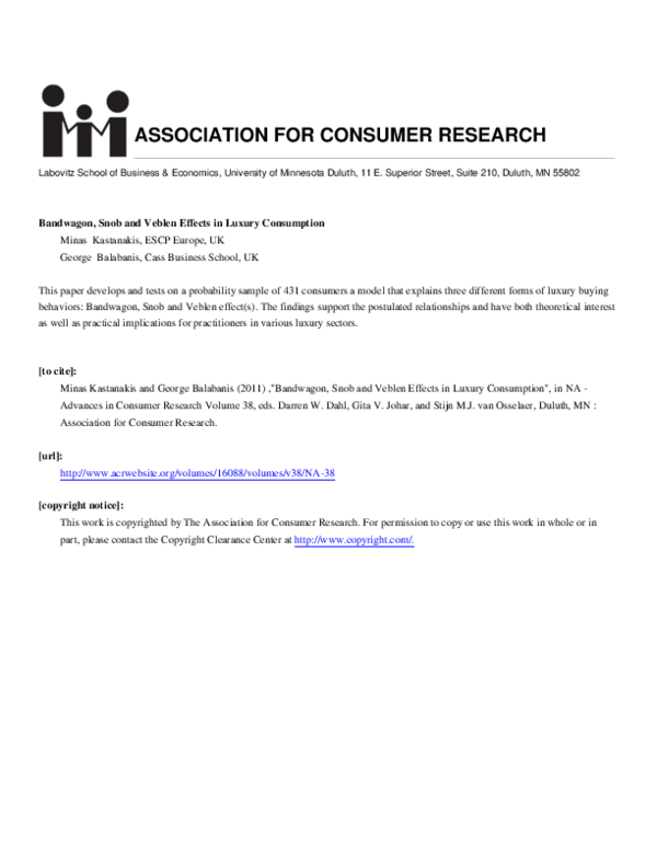 (PDF) Bandwagon, Snob and Veblen Effects in Luxury Consumption