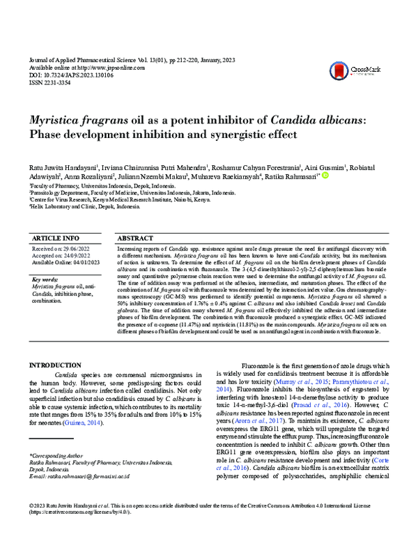 (PDF) Myristica fragrans oil as a potent inhibitor of Candida albicans ...
