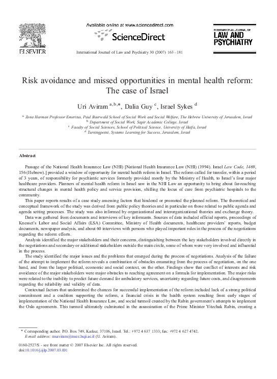 (PDF) Risk avoidance and missed opportunities in mental health reform ...