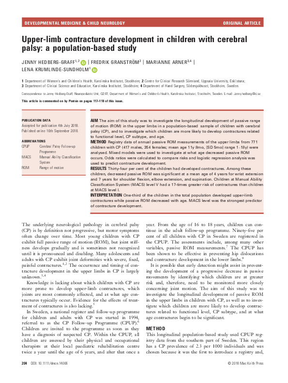 (PDF) Upper-limb contracture development in children with cerebral ...