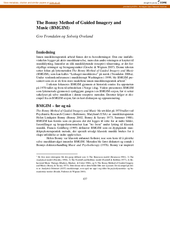(PDF) The Bonny method of guided imagery and music (BMGIM) Gro Trondalen Academia.edu