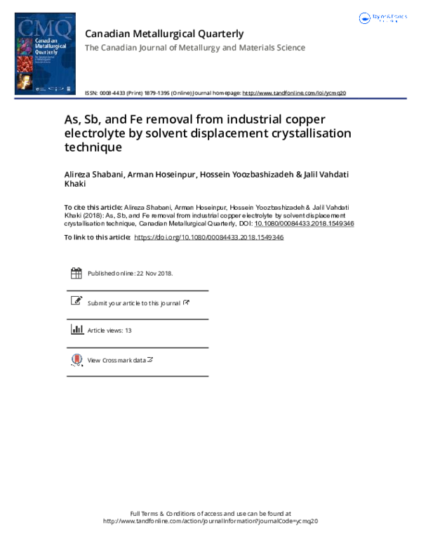 (PDF) As, Sb, and Fe removal from industrial copper electrolyte by ...