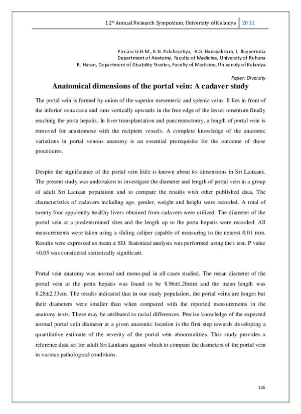 (PDF) Anatomical dimensions of the portal vein: A cadaver study