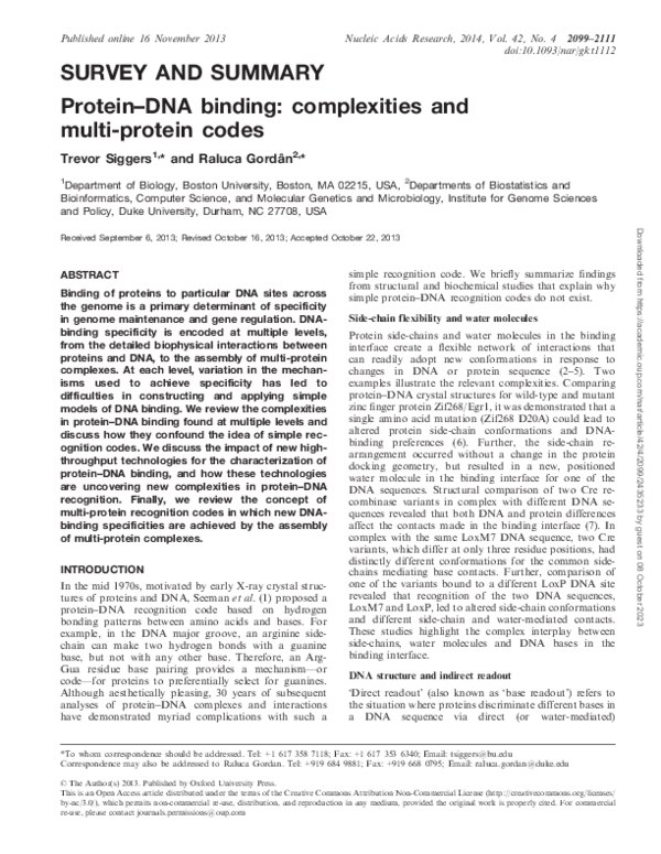 (PDF) Protein–DNA binding: complexities and multi-protein codes