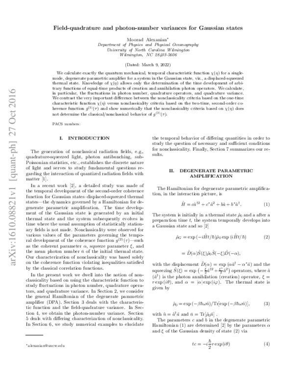 (PDF) Field-quadrature and photon-number variances for Gaussian states