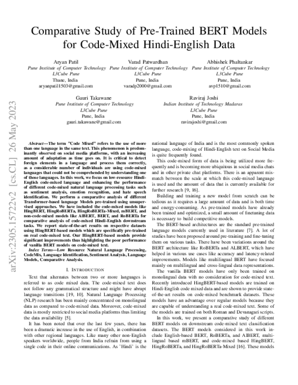 (PDF) Comparative Study of Pre-Trained BERT Models for Code-Mixed Hindi ...