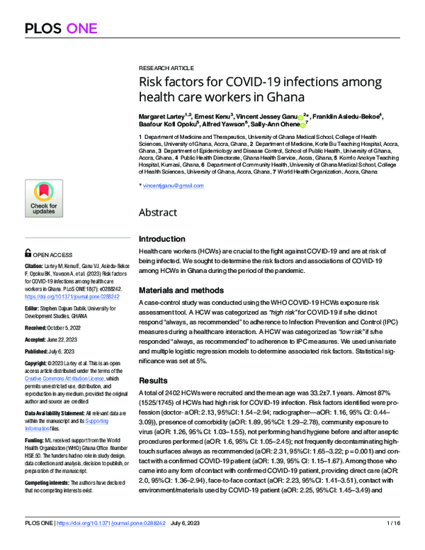 (PDF) Risk factors for COVID-19 infections among health care workers in ...