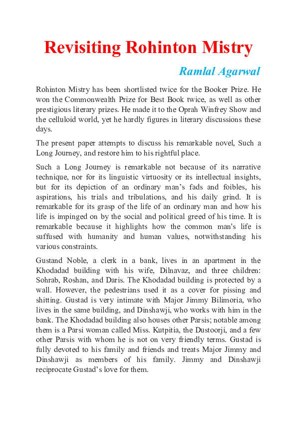 Die Quadratur Des Glücks Roman Rohinton Mistry (DOC) Revisiting Rohinton Mistry