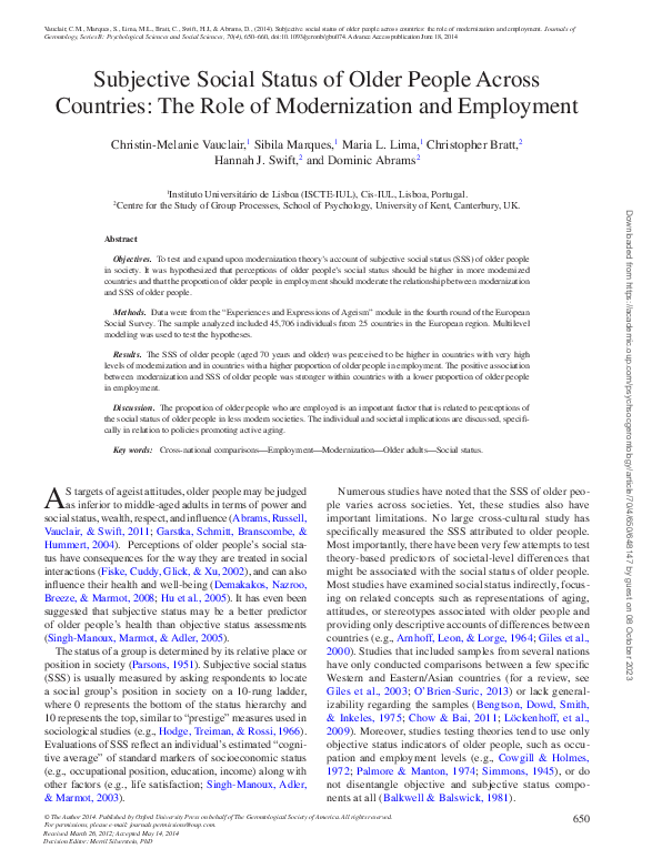 (PDF) Subjective Social Status of Older People Across Countries: The ...