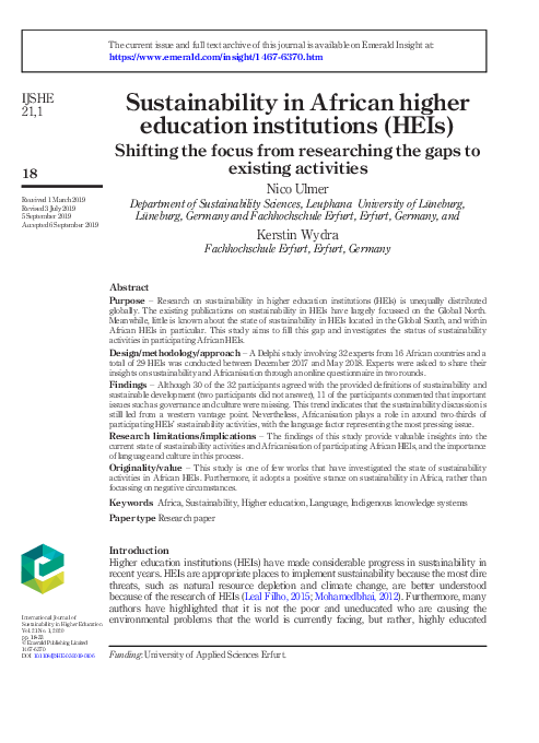 (PDF) Sustainability in African higher education institutions (HEIs)