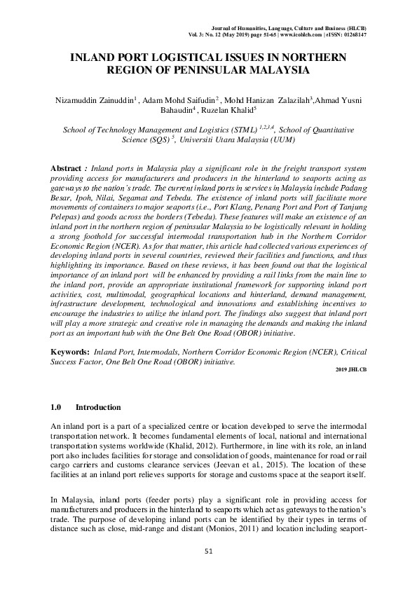 (PDF) Inland port logistical issues in Northern Region of Peninsular ...