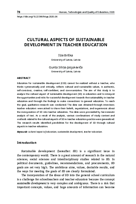 (PDF) Cultural Aspects of Sustainable Development in Teacher Education