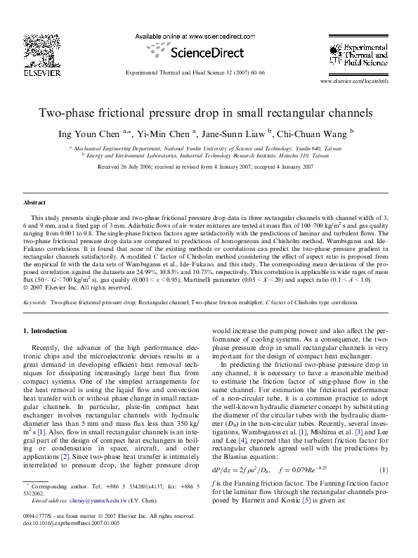 (PDF) Two-phase frictional pressure drop in small rectangular channels