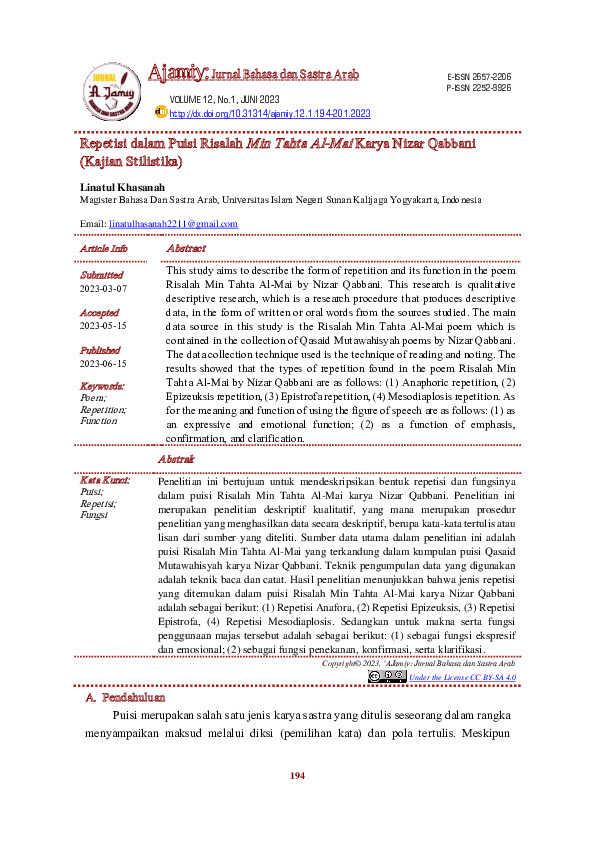 (PDF) Repetisi dalam Puisi Risalah Min Tahta Al-Mai Karya Nizar Qabbani ...