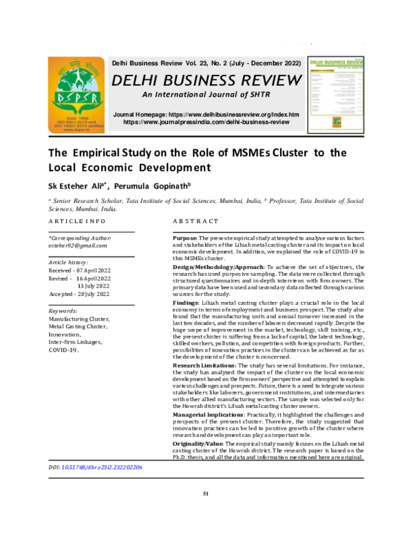(PDF) The Empirical Study on the Role of MSMEs Cluster to the Local ...