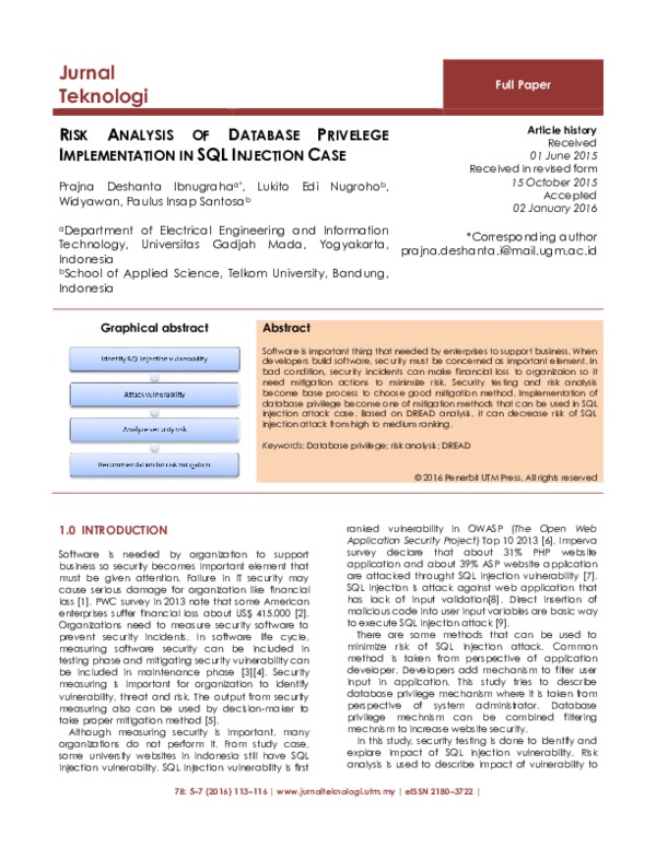 (PDF) Risk Analysis of Database Privelege Implementation in SQL ...