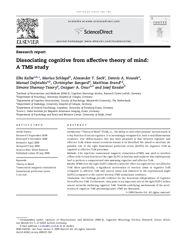 (PDF) Dissociating cognitive from affective theory of mind: A TMS study