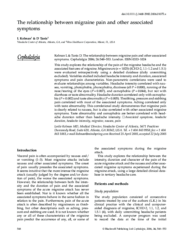 (PDF) The Relationship between Migraine Pain and Other Associated Symptoms