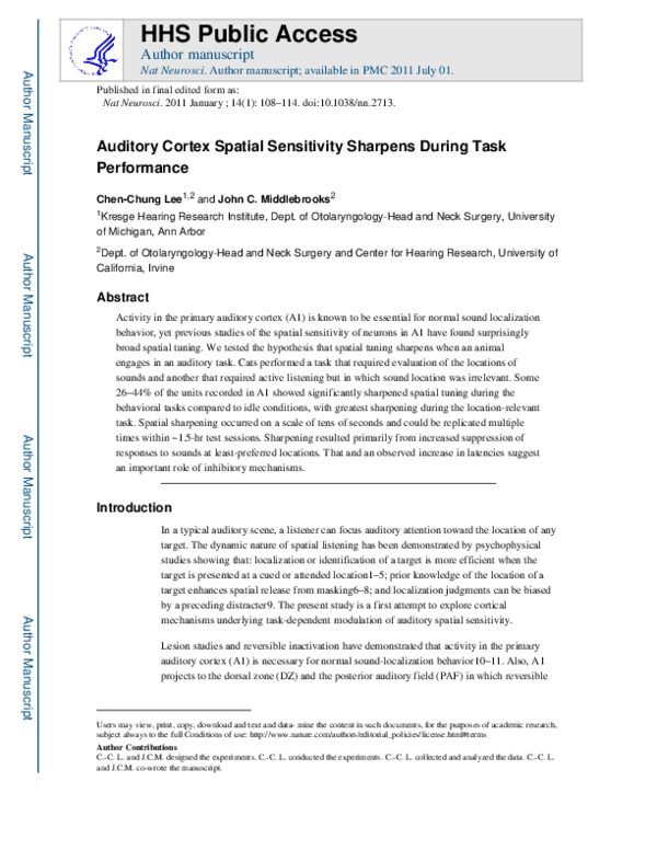 (PDF) Auditory cortex spatial sensitivity sharpens during task performance