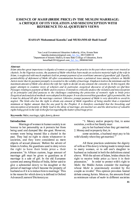 (PDF) ESSENCE OF MAHR (BRIDE PRICE) IN THE MUSLIM MARRIAGE: A CRITIQUE ...