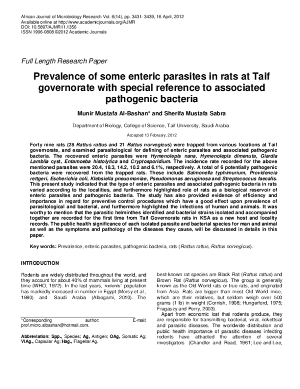 (PDF) Prevalence of some enteric parasites in rats at Taif governorate ...