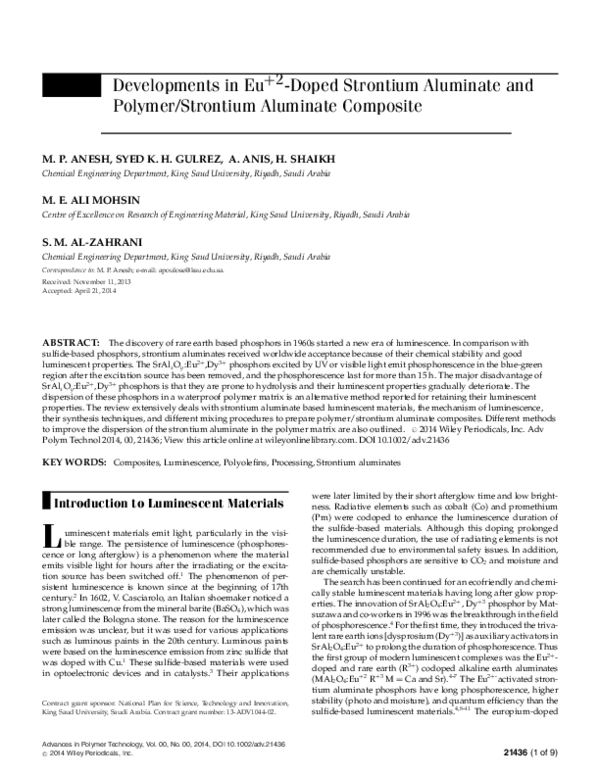 (PDF) Developments in Eu+2-Doped Strontium Aluminate and Polymer ...