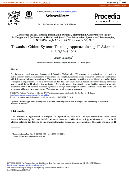(PDF) Towards a Critical Systems Thinking Approach during IT Adoption ...