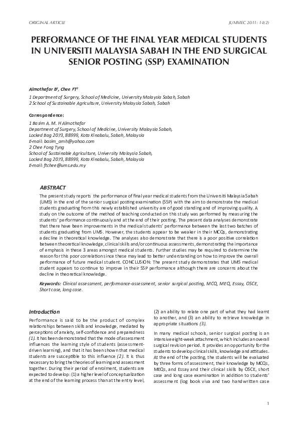 (PDF) Performance of the Final Year Medical Students in Universiti ...