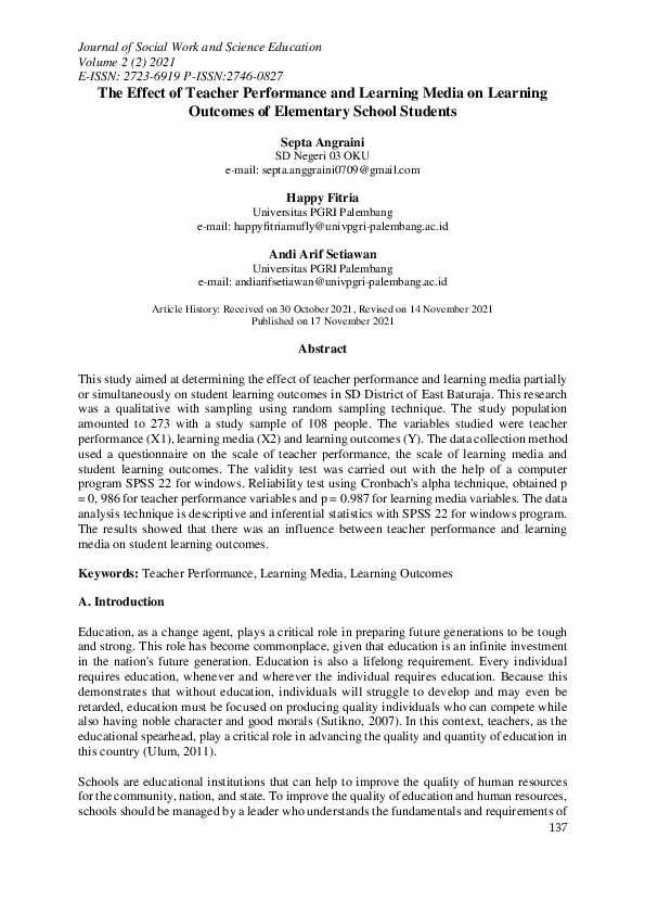 (PDF) The Effect of Teacher Performance and Learning Media on Learning ...