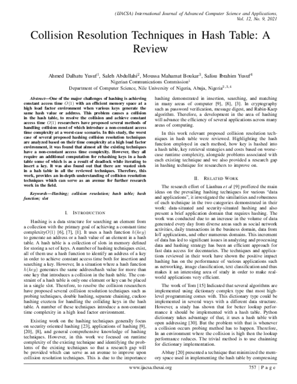 (PDF) Collision Resolution Techniques in Hash Table: A Review