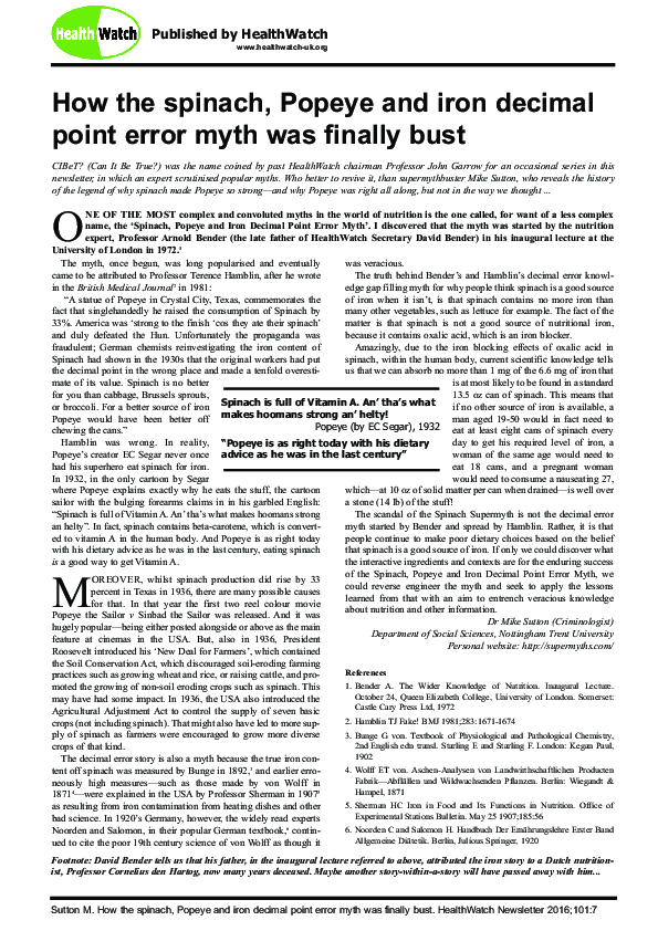 (PDF) How the spinach, Popeye and iron decimal point error myth was
