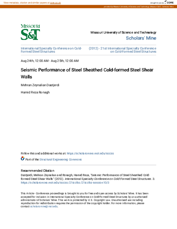 (PDF) Seismic performance of steel sheathed cold-formed steel shear walls