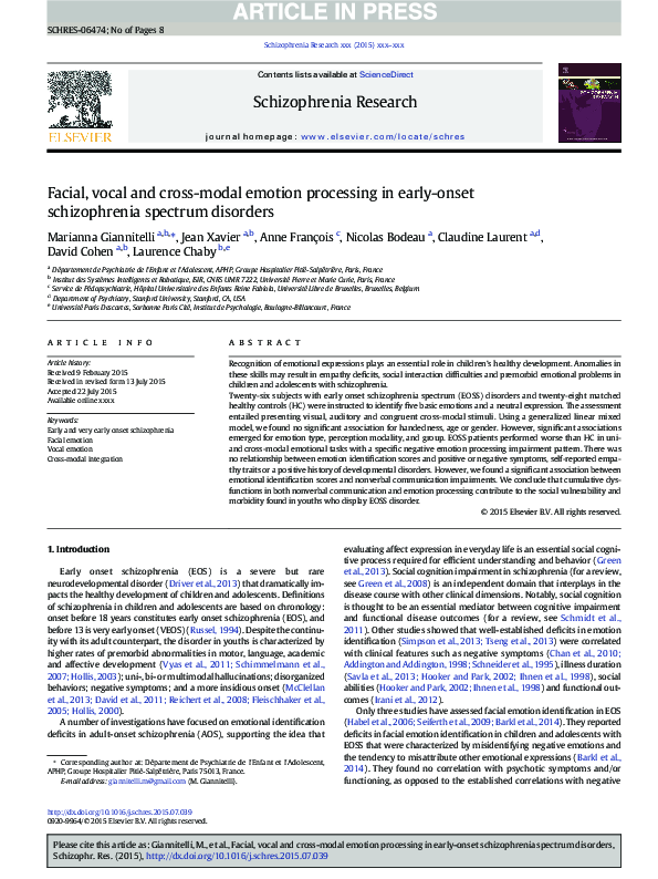 (PDF) Facial, vocal and cross-modal emotion processing in early-onset ...