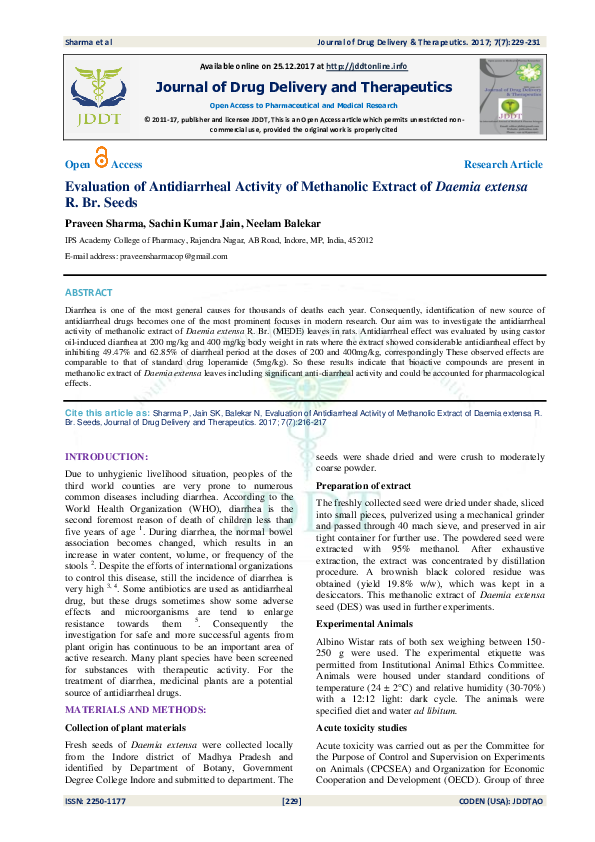 (PDF) Evaluation of Antidiarrheal Activity of Methanolic Extract of ...