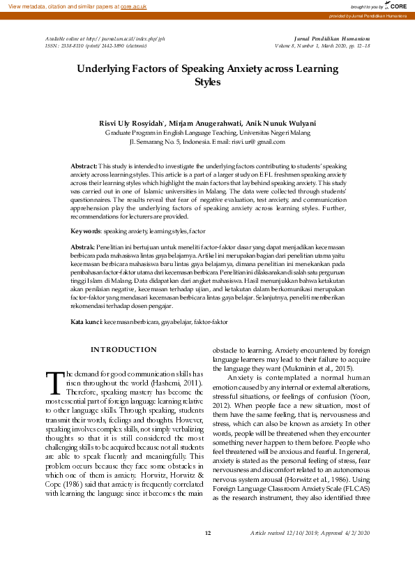 (PDF) Underlying Factors of Speaking Anxiety across Learning Styles