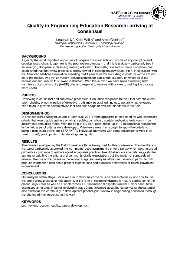 (PDF) Quality in Engineering Education Research: arriving at consensus