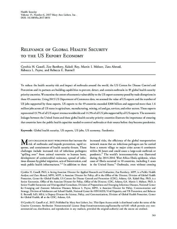 (PDF) Relevance of Global Health Security to the US Export Economy