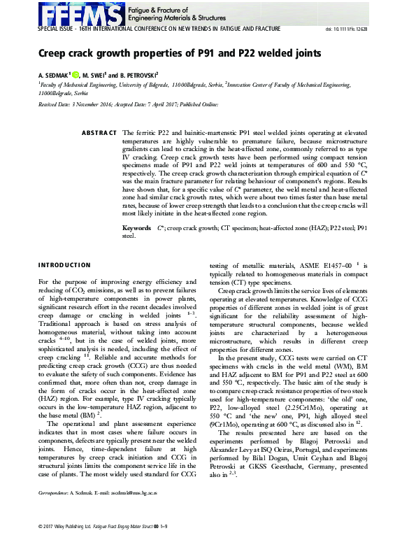 (PDF) Creep crack growth properties of P91 and P22 welded joints