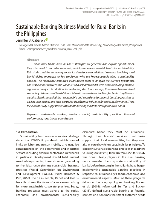 (PDF) Sustainable Banking Business Model for Rural Banks in the Philippines