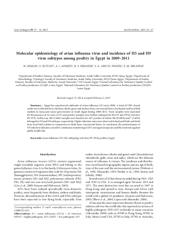 (PDF) Molecular Epidemiology of Avian Influenza Virus (H5N1), Sumatera ...