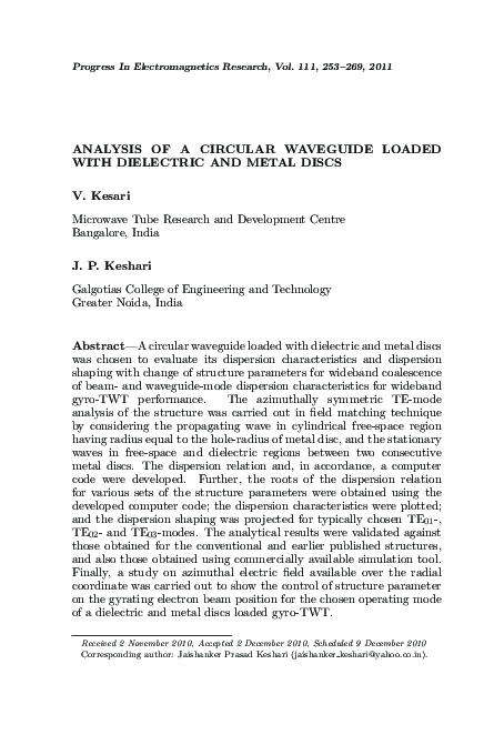 (PDF) Analysis of a Circular Waveguide Loaded with Dielectric and Metal ...