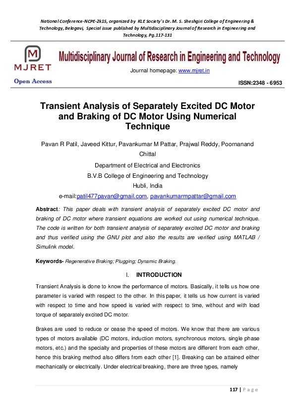 (PDF) Transient Analysis of Separately Excited DC Motor and Braking of ...