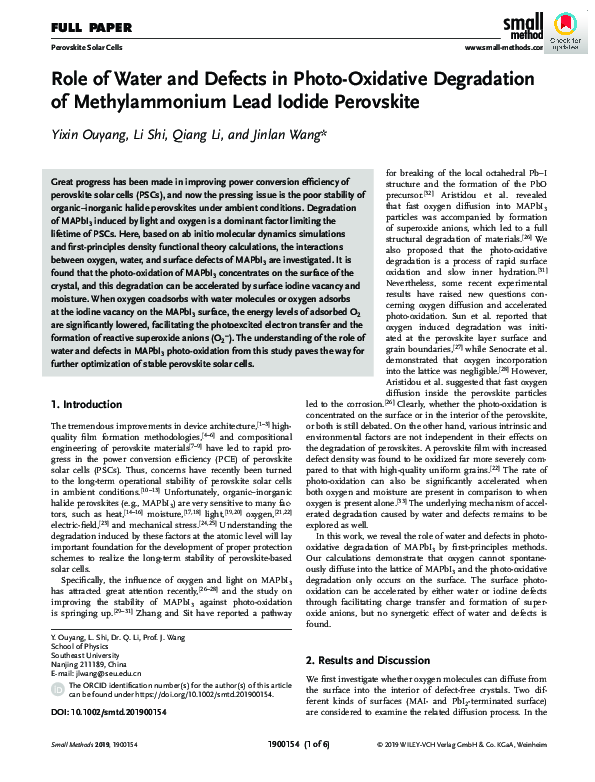 (PDF) Water and Defects in MAPbI3 Degradation
