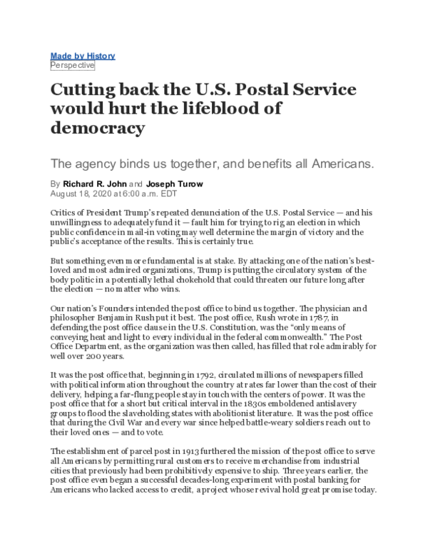 (PDF) Made by History Perspective Cutting back the U.S. Postal Service ...