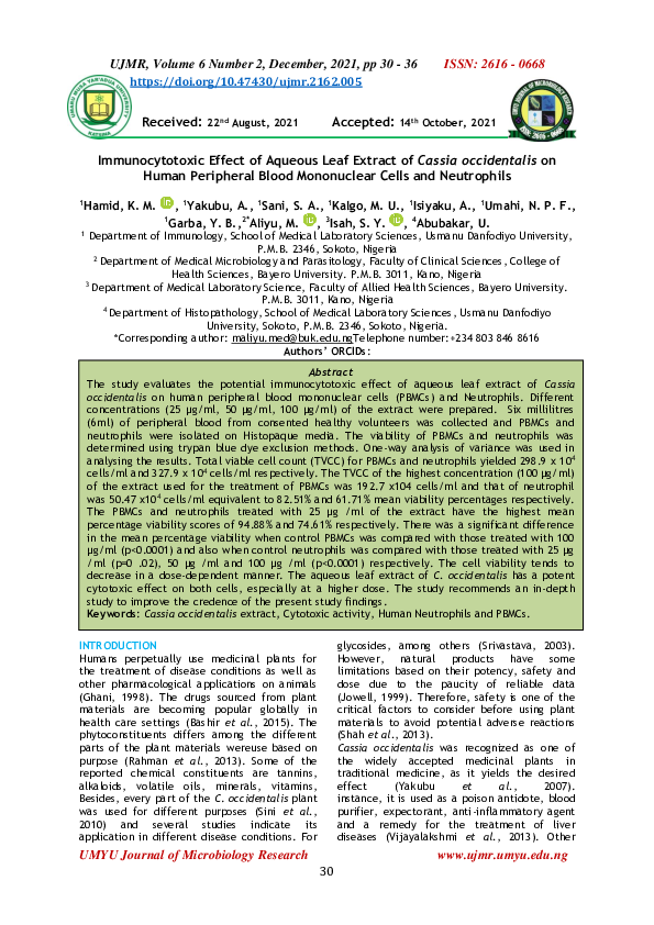 (PDF) Immunocytotoxic Effect of Aqueous Leaf Extract of Cassia ...