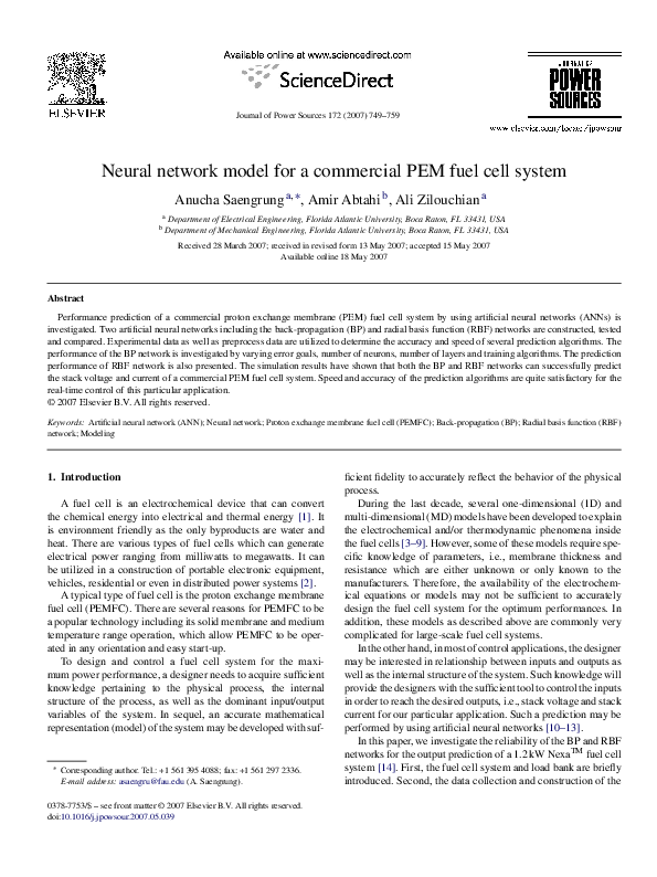 (PDF) Neural network model for a commercial PEM fuel cell system