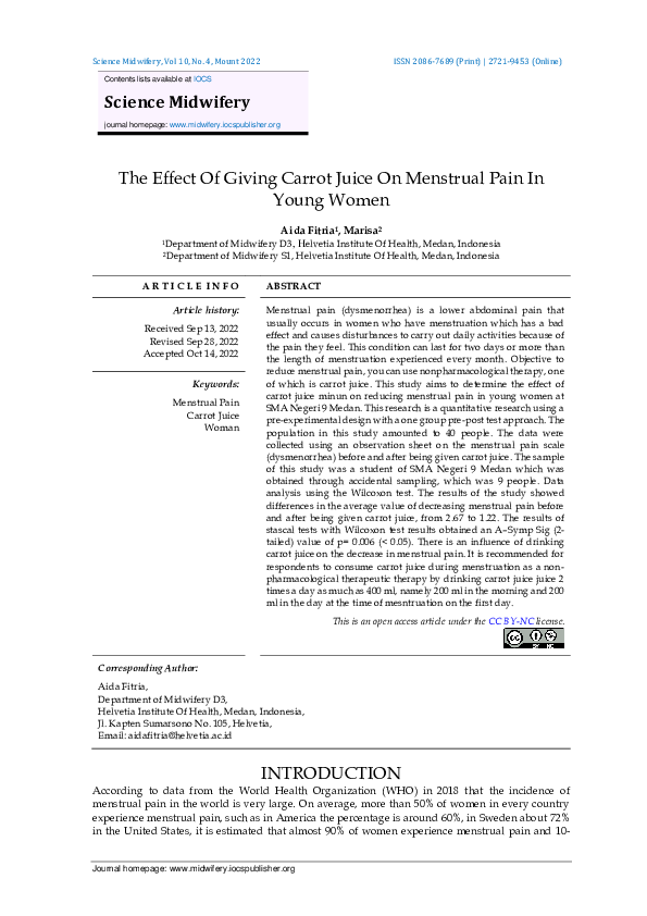 (PDF) The Effect Of Giving Carrot Juice On Menstrual Pain In Young Women