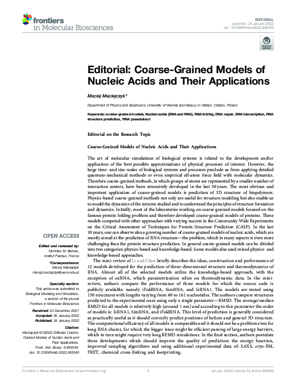 (PDF) Editorial: Coarse-Grained Models of Nucleic Acids and Their ...