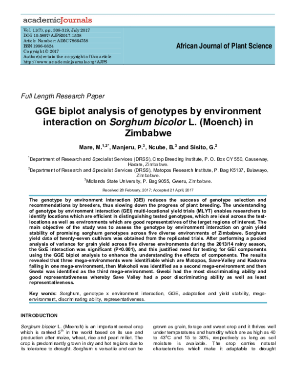 (PDF) GGE biplot analysis of genotypes by environment interaction on ...